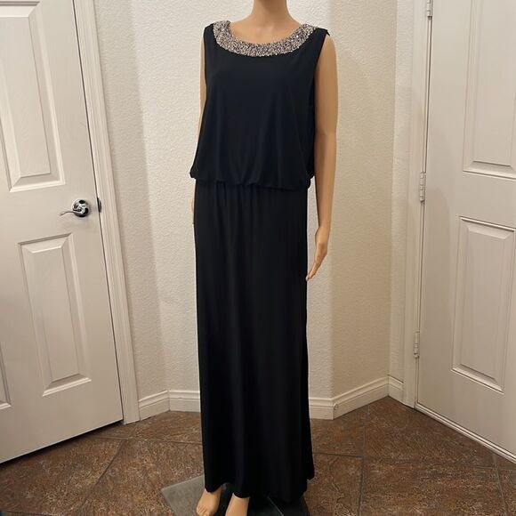 R & M Richards Black Dress Diamond Beaded Neck Maxi Side Zipper - Picture 2 of 14